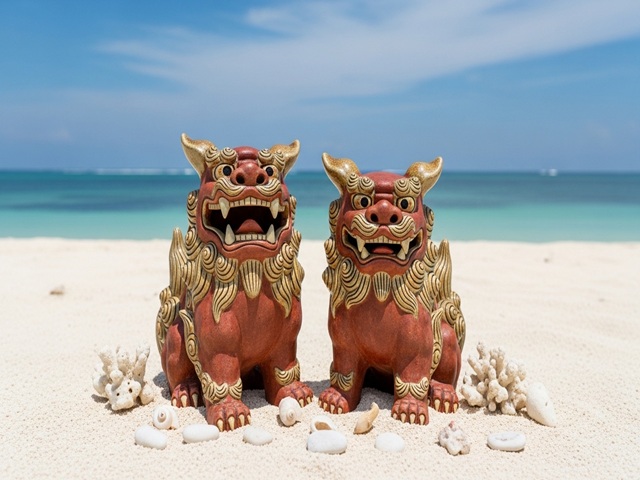 冲绳的狮子(或狮子狗)雕像,作为避邪符放在入口处和屋顶上