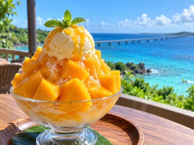 宮古島の海を背にしたマンゴーのかき氷