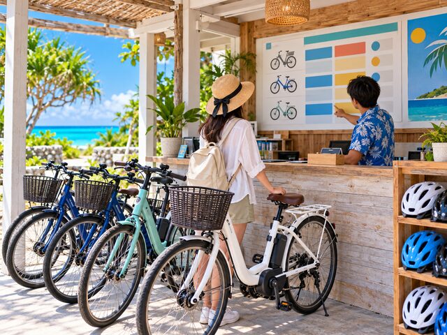 宮古島のレンタサイクル受付で自転車を選ぶ旅行者