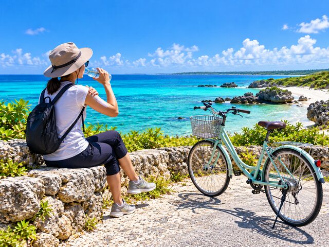宮古島のサイクリング中に日焼け止めと水分補給をする旅行者