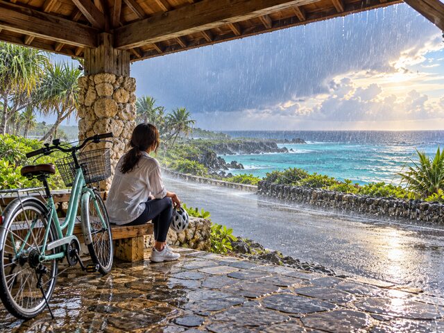 宮古島のスコールで自転車を止めて雨宿りする旅行者